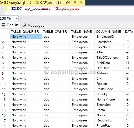 Tip Query to get all column names from database table in SQL Server