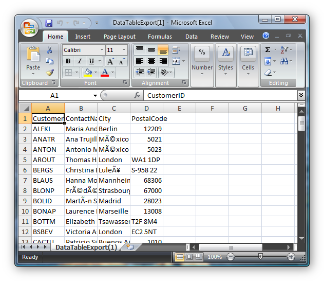 C Microsoft Office Interop Excel Dataset Example